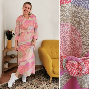 Vintage Kleid, 1970er Handarbeit Gürtel pastell Hippie Maxikleid, psicodelisches Kleid, rosas Vintage Kleid, M / 10 / UK 12 / EU 38