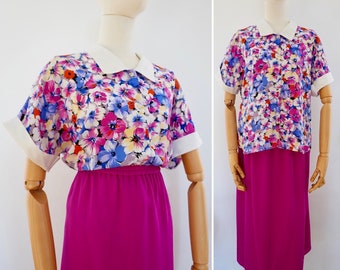 Vintage Bluse, 1980er Jahre Blumenbluse rosa, Gr. M-L | UNS 6-8 | 10-12 | Größe 38-40