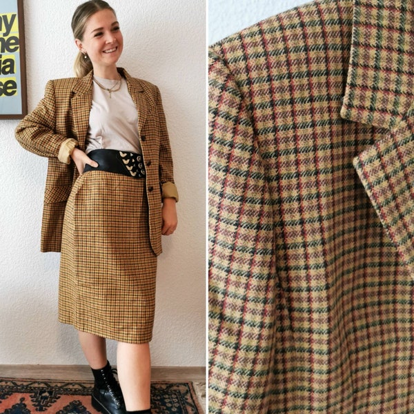 Vintage Set, 1980's chequered Hensel & Mortensen co-ord costume giacca e gonna da donna giallo, Taglia M / US 6-8 / UK 10-12 / 38-40