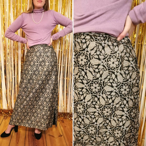 Jupe vintage, 1970's lurex flower baroque maxi lurex jupe or argent 70er M | États-Unis 10 | Royaume-Uni 12 | UE 38