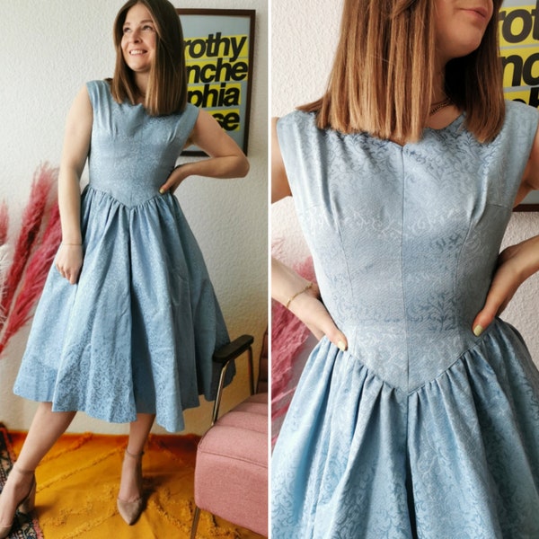 Vintage Kleid, 50er Jahre Petticoat Seide Rockabilly Kleid, hellblau, Größe S | US | DE | 36