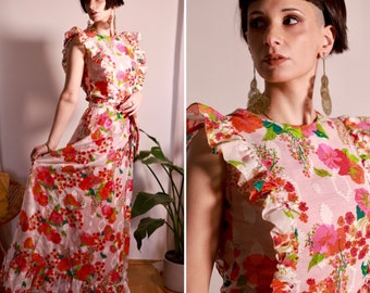 Vintage dress, 1970s floral hippie prom Party Maxi flower dress, size S US 4-6 | UK 8-10 | EU 34-36