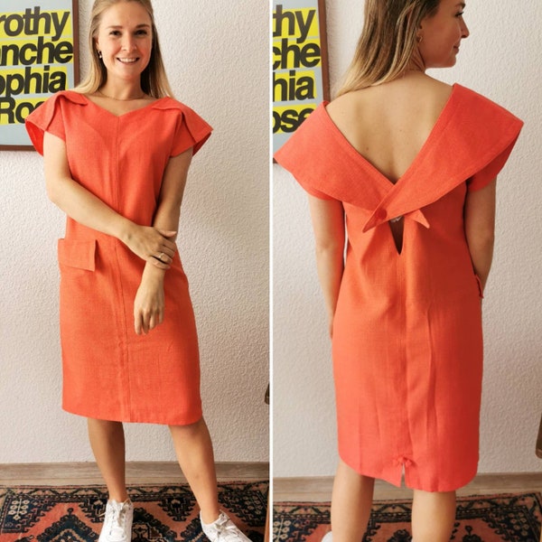 Vintage dress, 1960's handmade linen orange dress  shoulder applications, bow, pockets, rockabilly, size S-M | US 4-6 | UK 8-10 | EU 36-38