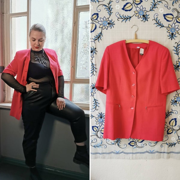 Vintage blazer, 1980's pink viscose blouson with pockets, deadstock, short sleeves, Size M-L | US 8-10 | UK 10-12 | EU 38-40