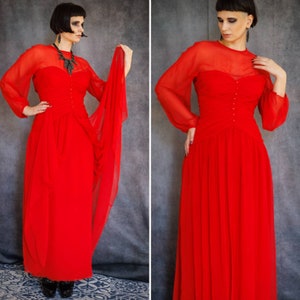 Vintage 1980s Frank Usher Red Chiffon Evening Gown, sheer see-through maxi party dress, Size xs-s | US 2-4 | UK 6-8 | EU 34-36