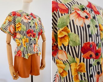 Vintage Bluse, 1980er Jahre schwarz-weiß gestreiftes Blumenshirt, Größe S | US 4 | UK 8 | EU 36