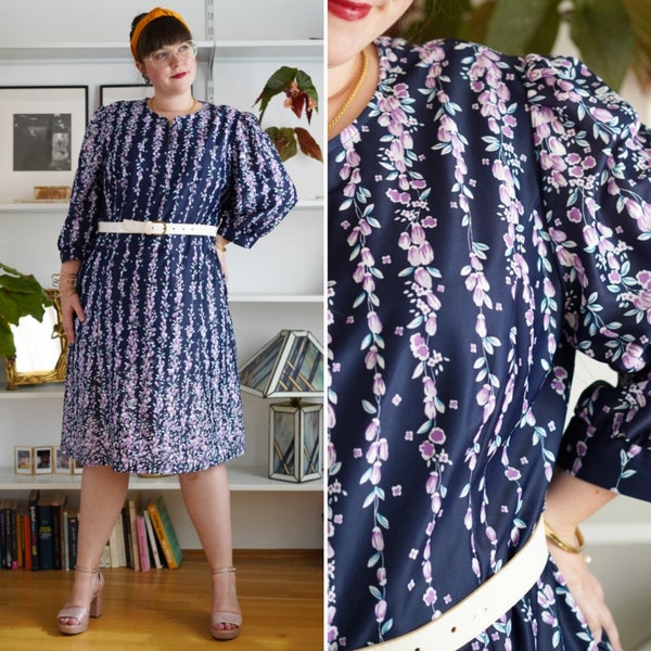 Vintage dress, 1980's blue purple plussize midi dress, Size US 14-16 | UK 18-20 | EU 46-48