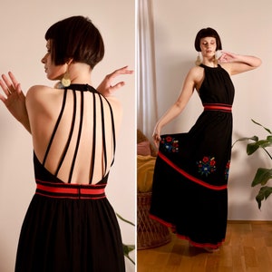 XS-S | Vintage 1970s Yvette Black Halter Dress with Floral Embroidery and Strappy Back, size EU 34-36 prom party hippie maxi dress