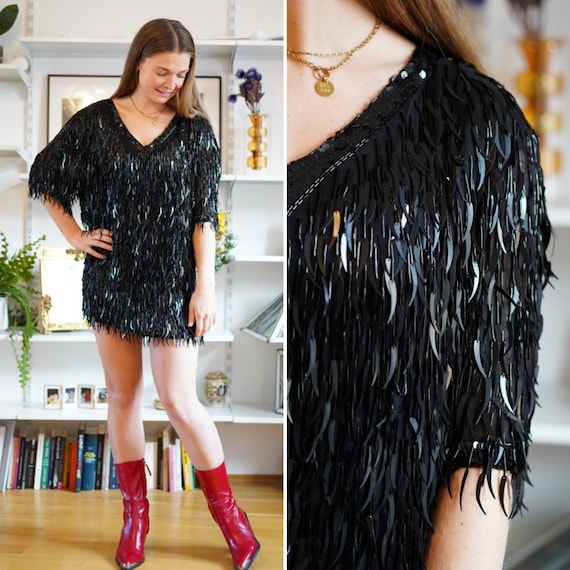 Vintage dress, 1980's mini feather fringes sequin… - image 1