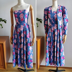 Vintage Laura Ashley dress & jacket, 1980&#39;s cotton strapless flower dress, size xs | US 2 | UK 6 | 34