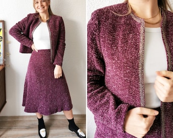 Vintage Set, 1980's Vera Mont purple glitter Winter Blazer and skirt combination, co-ord, size s | US 4 | UK 8 | EU 36