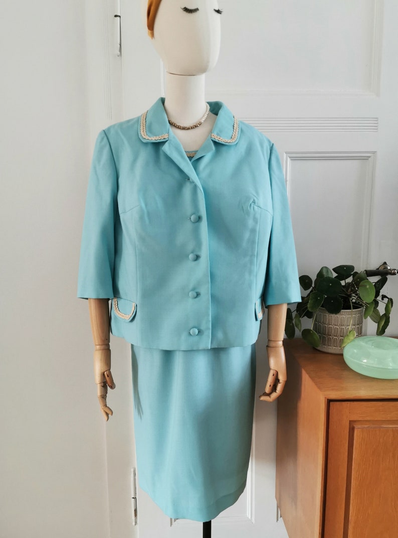 Vintage 1960s Plussize Light Blue Dress and Blazer Set, Coord