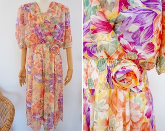 Vintage Kleid, 1980er Jahre Blumenkleid Abiballkleid, Größe M | UNS 6-8 | U 10-12 | Größe 38-40