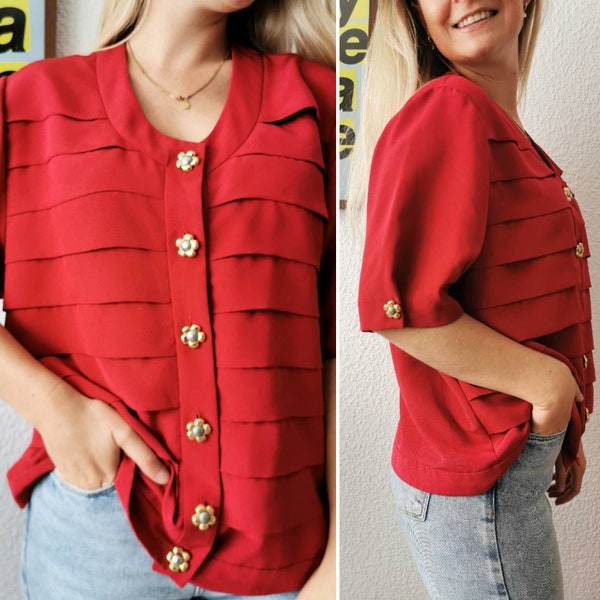 Vintage Blazer, 1980's red blouse, Blouson with flower buttons, size M-L | US 6-10 | UK 10-14 | EU 38-42