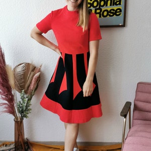 1960&#39;s vintage dress, red & black wool midi petticoat dress, size xs-s | US 2-4 | UK 6-8 | EU 34-36