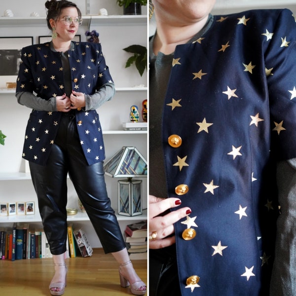 Vintage Escada blazer, 1980's dark blue and golden stars short sleeve designer jacket size L | US 10 | UK 14 | EU 42