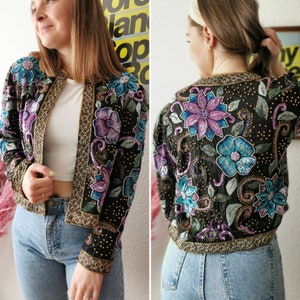 Vintage Frank Usher blazer, heavy beaded 1980s Designer flower sequins jacket, Size S | US 4 | UK 8 | EU 36