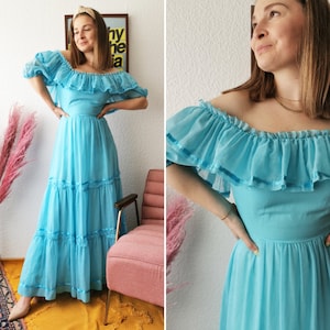 Vintage dress, 1970&#39;s Carmen maxi dress, light blue, cotton, Size S | US 4 | UK 8 | EU 36