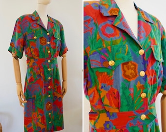 Vintage Kleid, 1980er Jahre Midi Etuikleid Vögel Blumen tropisch Sommer Midi Kleid, Größe S | US 4 | 8 | Größe 36