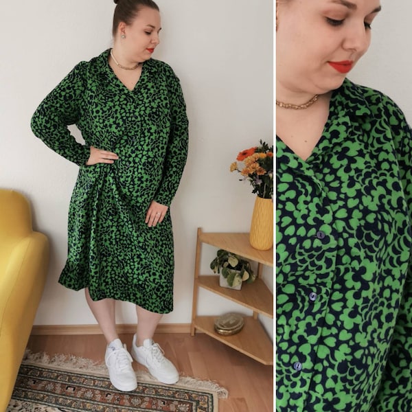 Vintage Kleid, 1970er Baumwolle weiches grünes Midikleid, Größe xl-xxl | US 10-16 | UK 14-20 | EU 42-48