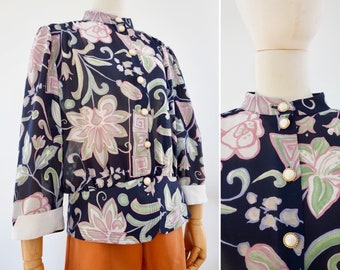 Vintage blouse, 1980s flower Pearl Button Bloße, Size M-L | US 6-8 | UK 10-12 | EU 38-40