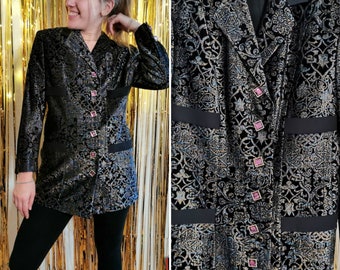 Vintage Blazer, 1980s metallic pink rhinestone crystal gemstones buttons glitter satin  velvet jacket L | US 12 | UK 14 | EU 40