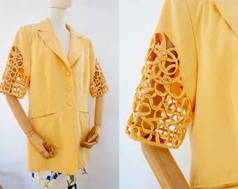 1980s vintage blazer, Jean Claire short sleeves yellow jacket, size M-L