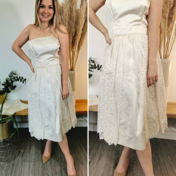 Vintage Brautkleid, 1960er Kleid, trägerloses Kleid, Vintage Spitze, Vintage Hochzeit, Kleid mit Spitze, weißes Vintagekleid, Rockabilly