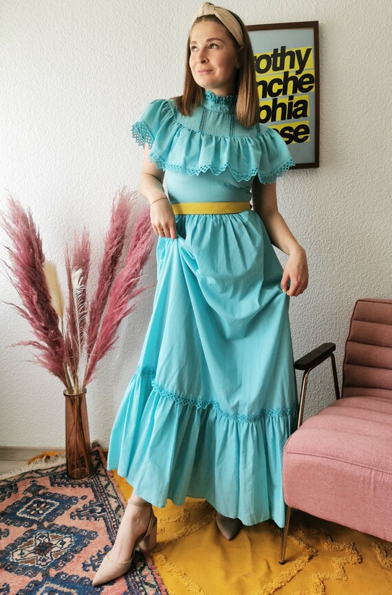 Vintage prairie dress, 1970's Vera Mont light tur… - image 2