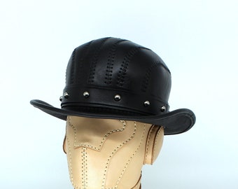 Black leather bowler hat, steampunk hat, leather top hat