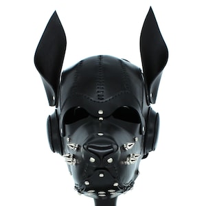 Leather dog mask with removable muzzle, Puppy play hood
