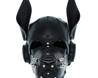 Leather dog mask with removable muzzle, Puppy play hood