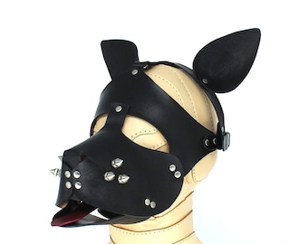 Leather dog mask, puppy play hood