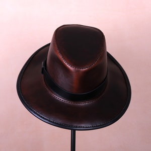 Leren fedorahoed, steampunkhoed, leren hoge hoed