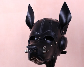 Leather dog mask, puppy play hood