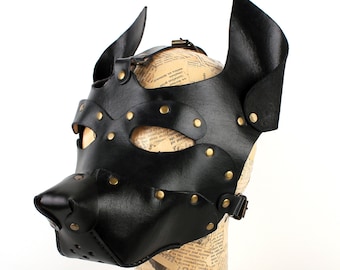 Leather dog mask, puppy play hood
