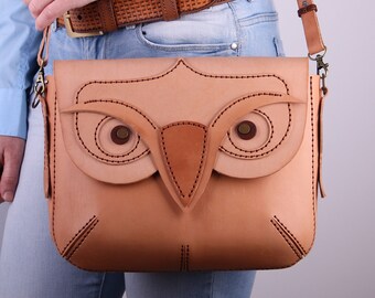 Leather Owl hand bag, Brown Messenger Bag, Crossbody bag, Mother&#39;s Day gift
