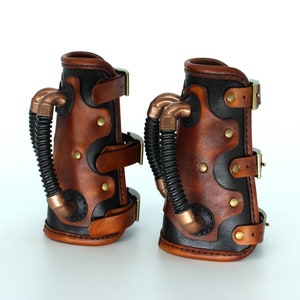 Leather steampunk Bracers, Leather Armor, Brown leather cuff, Black leather bracer