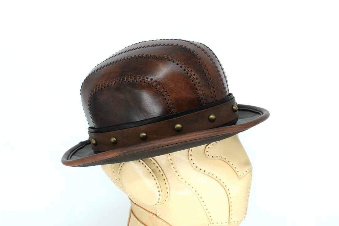 Brown Leather Bowler Hat, Steampunk Hat, Leather Top Hat Etsy