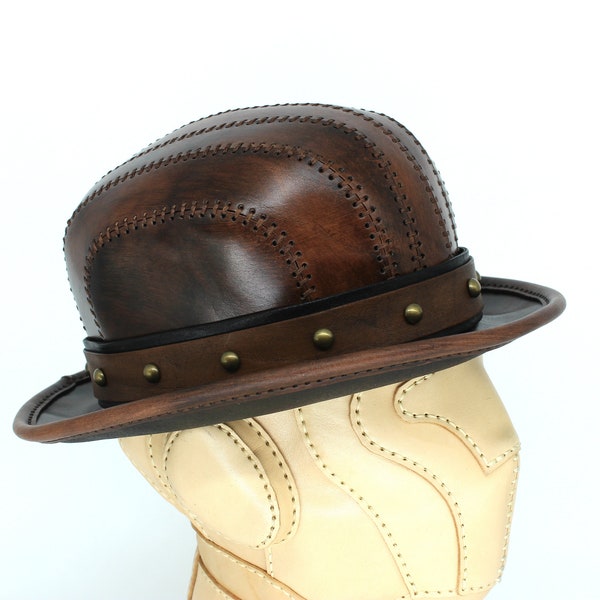 Chapeau melon en cuir marron, chapeau steampunk, chapeau haut de forme en cuir