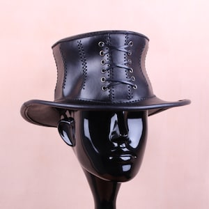 Hoge hoed zwart leren korset, hoed heksenkostuum, leren steampunkhoed
