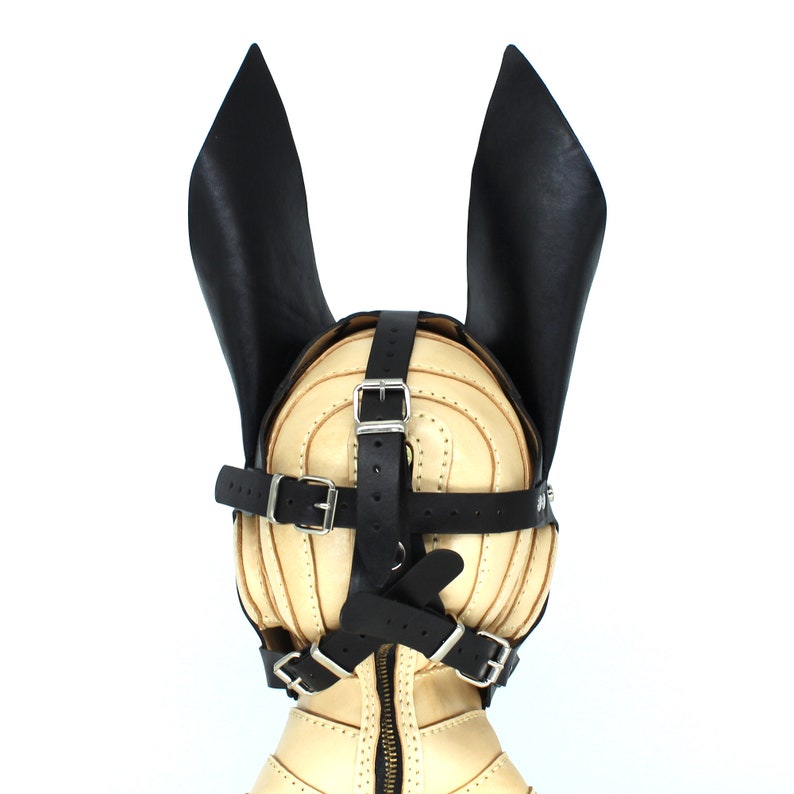 May include: A black leather dog mask with long, floppy ears. The mask is made of stitched leather and has a strap that goes around the head.