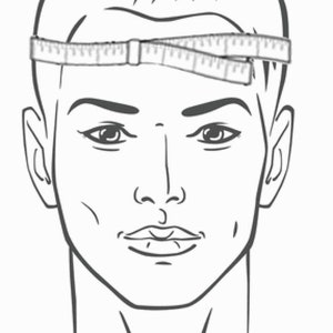 May include: A black and white line drawing of a person's head with a measuring tape around their forehead.