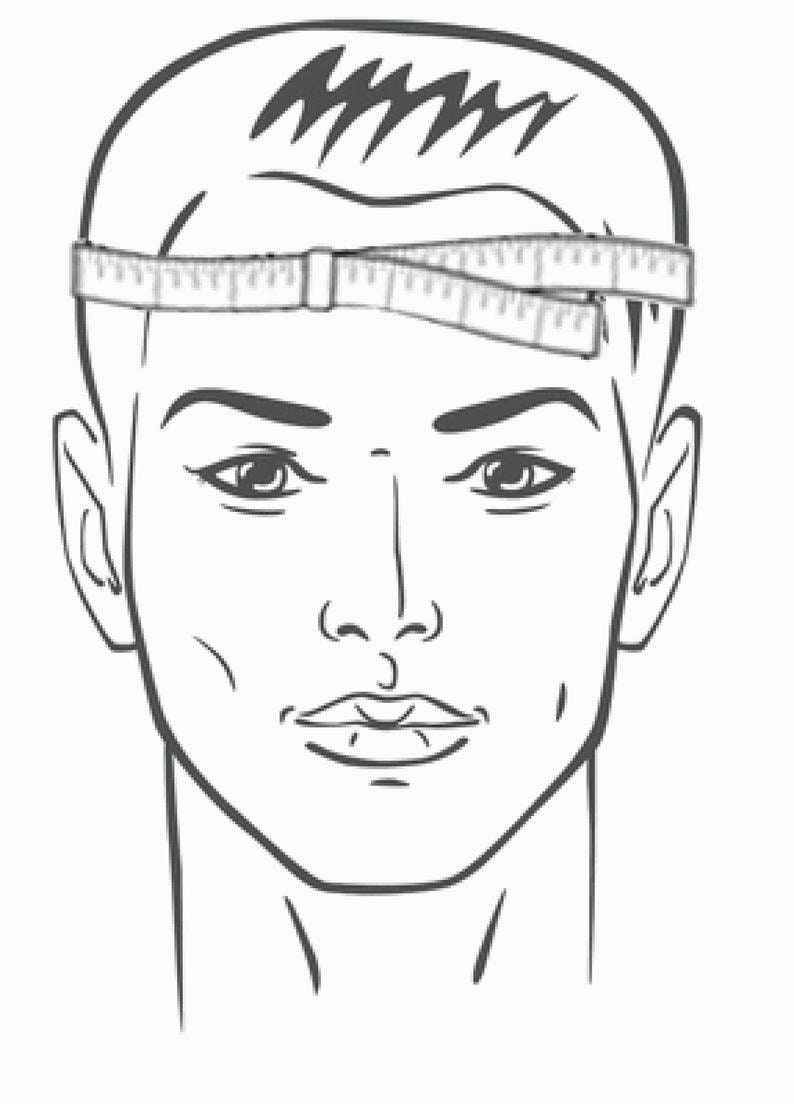 May include: A black and white line drawing of a person's head with a measuring tape around their forehead.