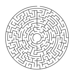 Puede incluir: Un laberinto circular en blanco y negro con una abertura central. El laberinto tiene un dise&ntilde;o complejo con muchos giros y vueltas.