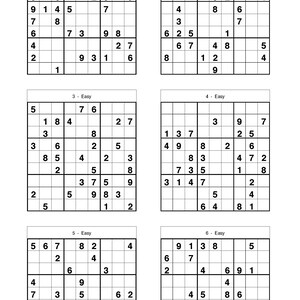 Puede incluir: Seis rompecabezas de Sudoku, cada uno con una cuadr&iacute;cula de 9x9 de n&uacute;meros y casillas en blanco. Los rompecabezas est&aacute;n etiquetados del 1 al 6 con un nivel de dificultad 'F&aacute;cil'.