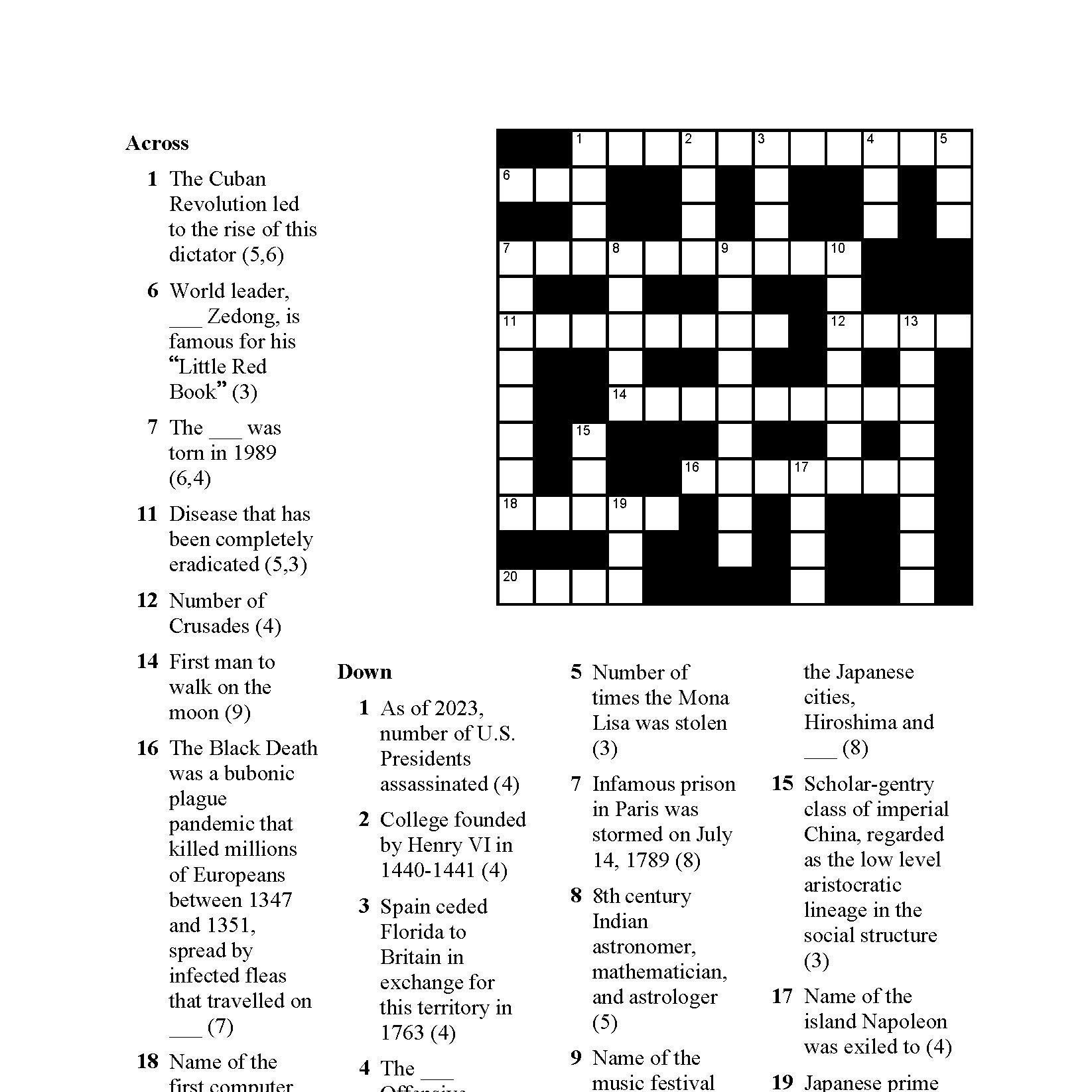 Historical facts quick crossword puzzles for adults - 6 puzzles - answers  included - personal use only - etsy