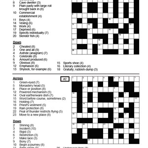 Puede incluir: Dos crucigramas con casillas negras y blancas. El primer crucigrama est&aacute; etiquetado como #1 y el segundo crucigrama est&aacute; etiquetado como #2. Ambos crucigramas tienen pistas enumeradas horizontal y verticalmente.