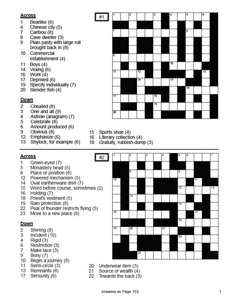 Puede incluir: Dos crucigramas con casillas negras y blancas. El primer crucigrama est&aacute; etiquetado como #1 y el segundo crucigrama est&aacute; etiquetado como #2. Ambos crucigramas tienen pistas enumeradas horizontal y verticalmente.