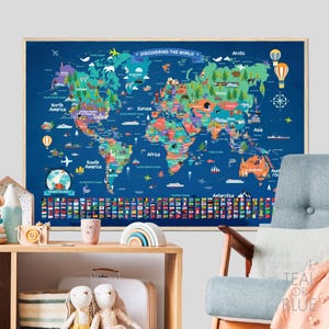 May include: A framed wall map titled Discovering the World featuring a dark blue background with colorful continents, illustrations of animals, landmarks, and transportation, and a row of international flags along the bottom edge of the map.